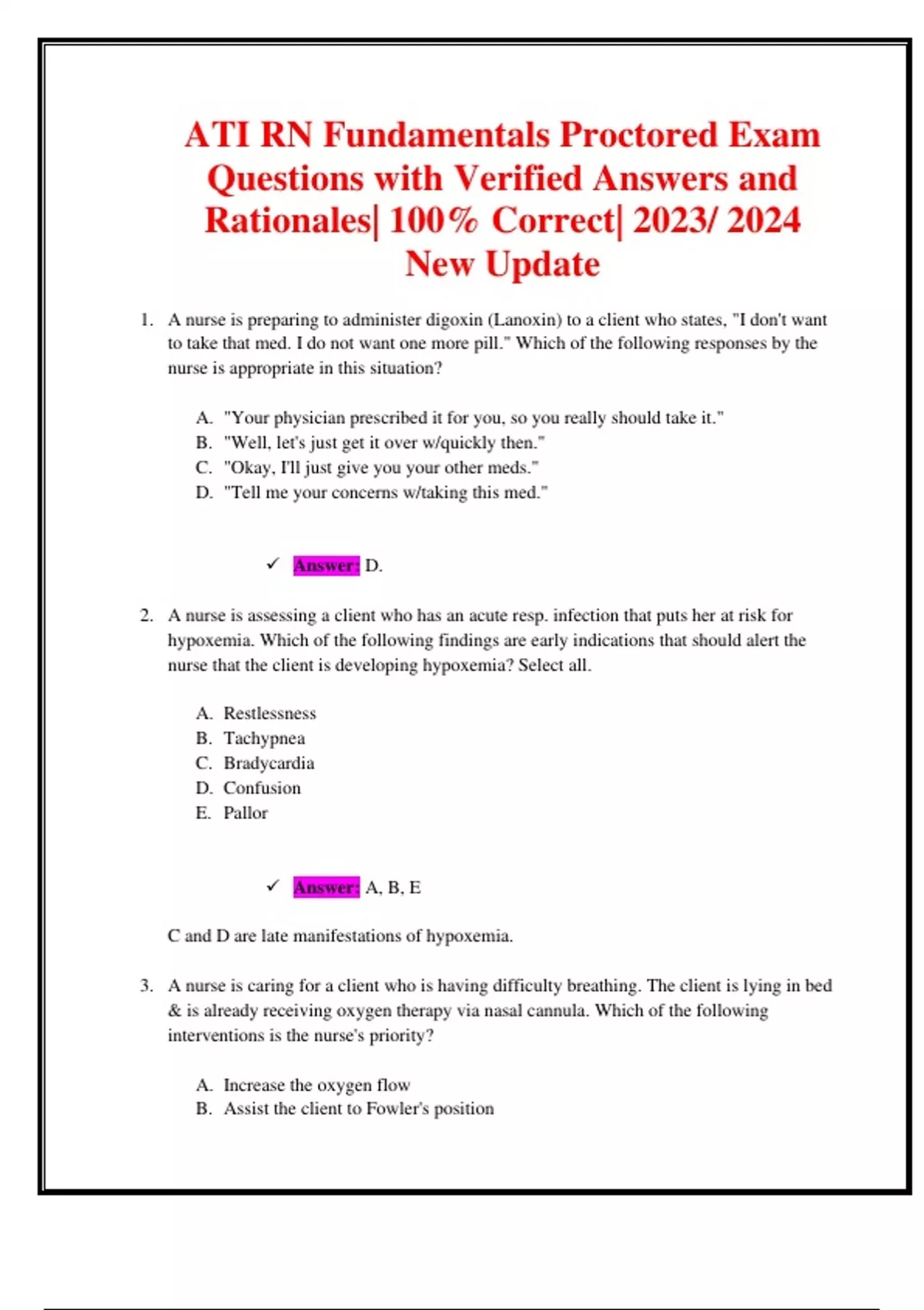 ATI RN Fundamentals Proctored Exam Questions with Verified Answers 100