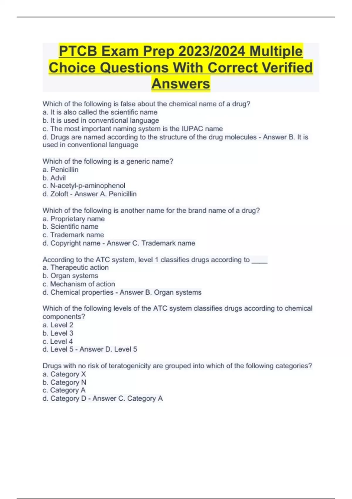 PTCB Exam Prep 2023/2024 Multiple Choice Questions With Correct