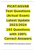 PICAT/ASVAB  Test Questions (Actual Exam)  Latest Update 2023/2024  193 Questions with 100% Correct Answers