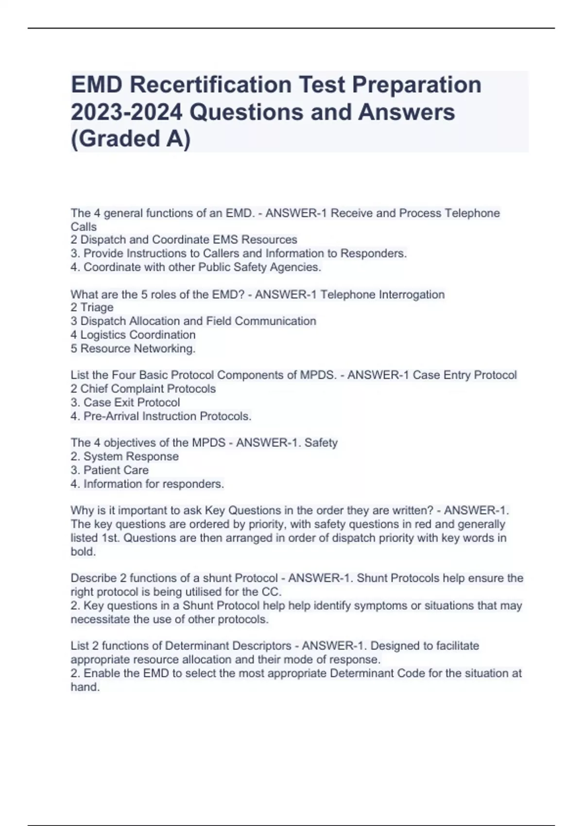EMD Recertification Test Preparation Questions and Answers (Graded A ...