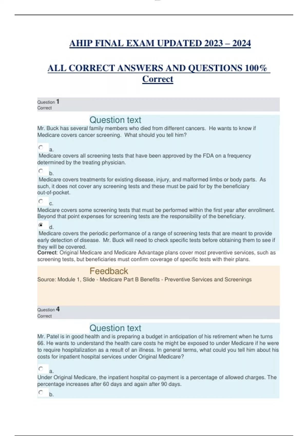 AHIP FINAL EXAM UPDATED 2024 / 2025 ALL CORRECT ANSWERS AND QUESTIONS