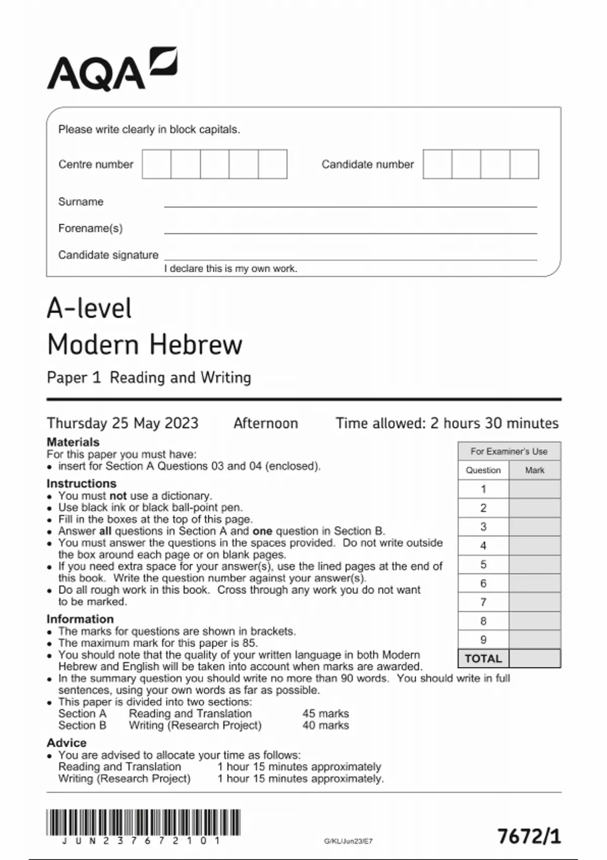 AQA A -LEVEL MODERN HEBREW PAPER 1 Reading and Writing -QUESTION PAPER ...