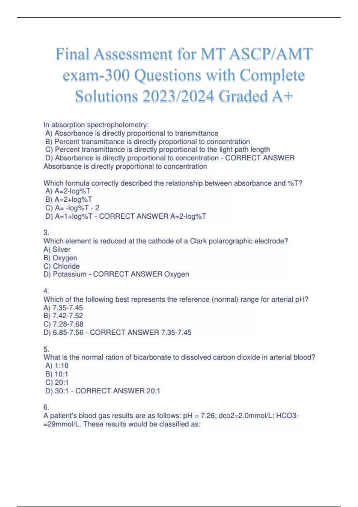 Final Assessment for MT ASCP/AMT exam300 Questions with Complete