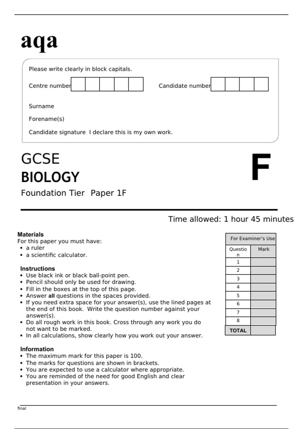 Aqa GCSE Biology 8461/1F Question Paper and Mark scheme June2022 Final ...