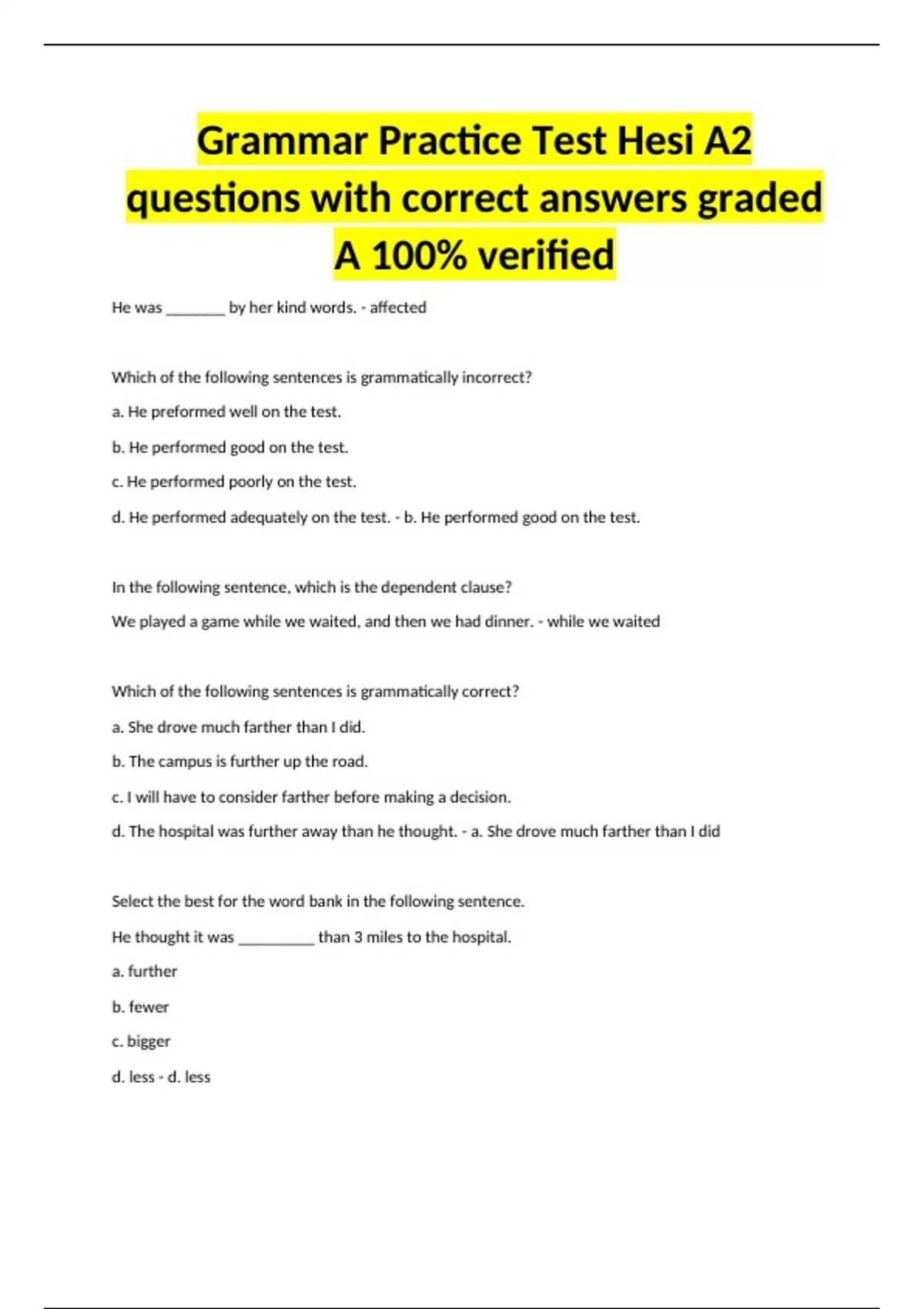 Grammar Practice Test Hesi A2 questions with correct answers graded A ...