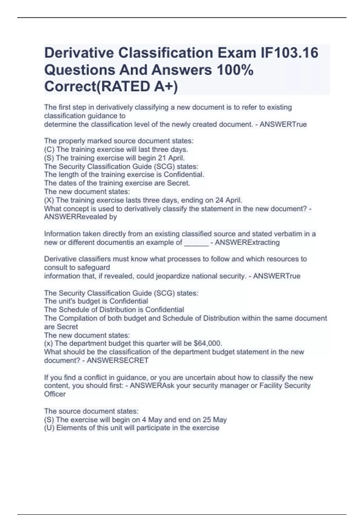 Derivative Classification Exam IF103.16 Questions And Answers 100