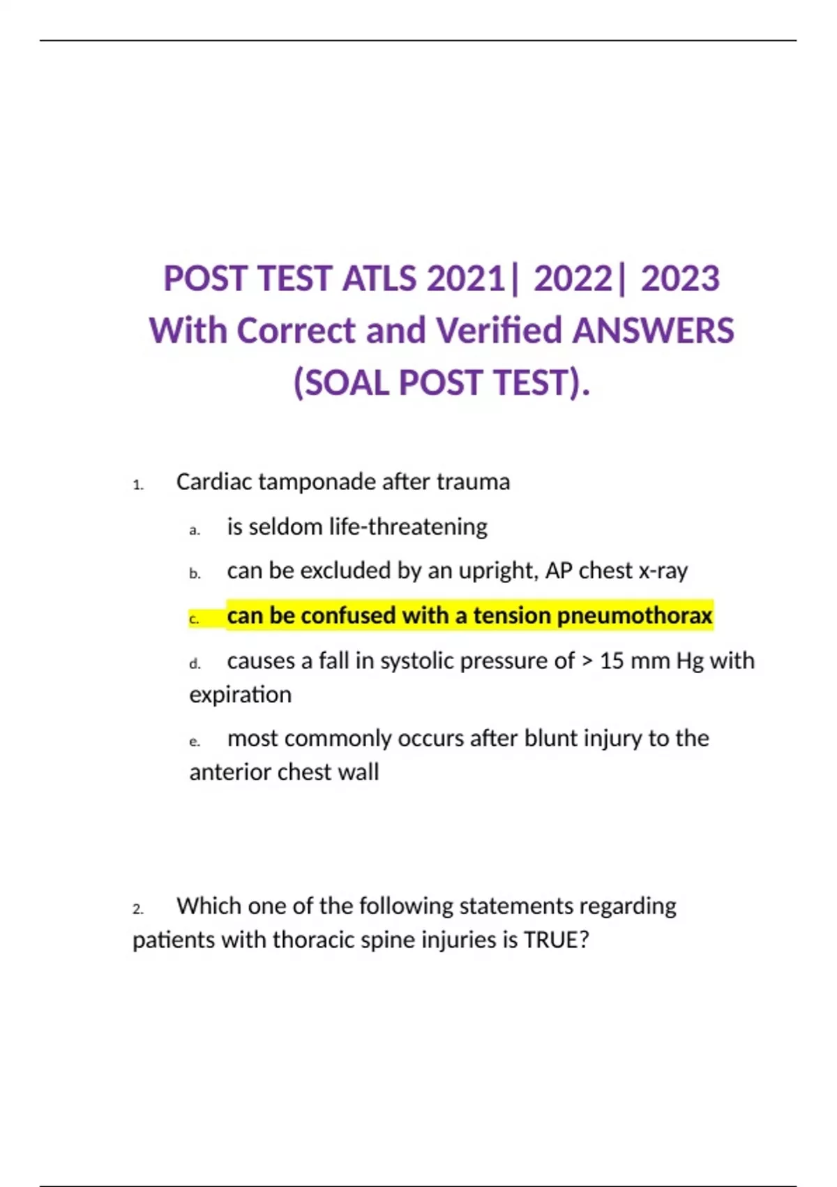 POST TEST ATLS 2021 2022 2023 With Correct and Verified ANSWERS (SOAL