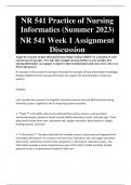 NR 541 Practice of Nursing Informatics (Summer 2023) Week 1 Assignment Discussion