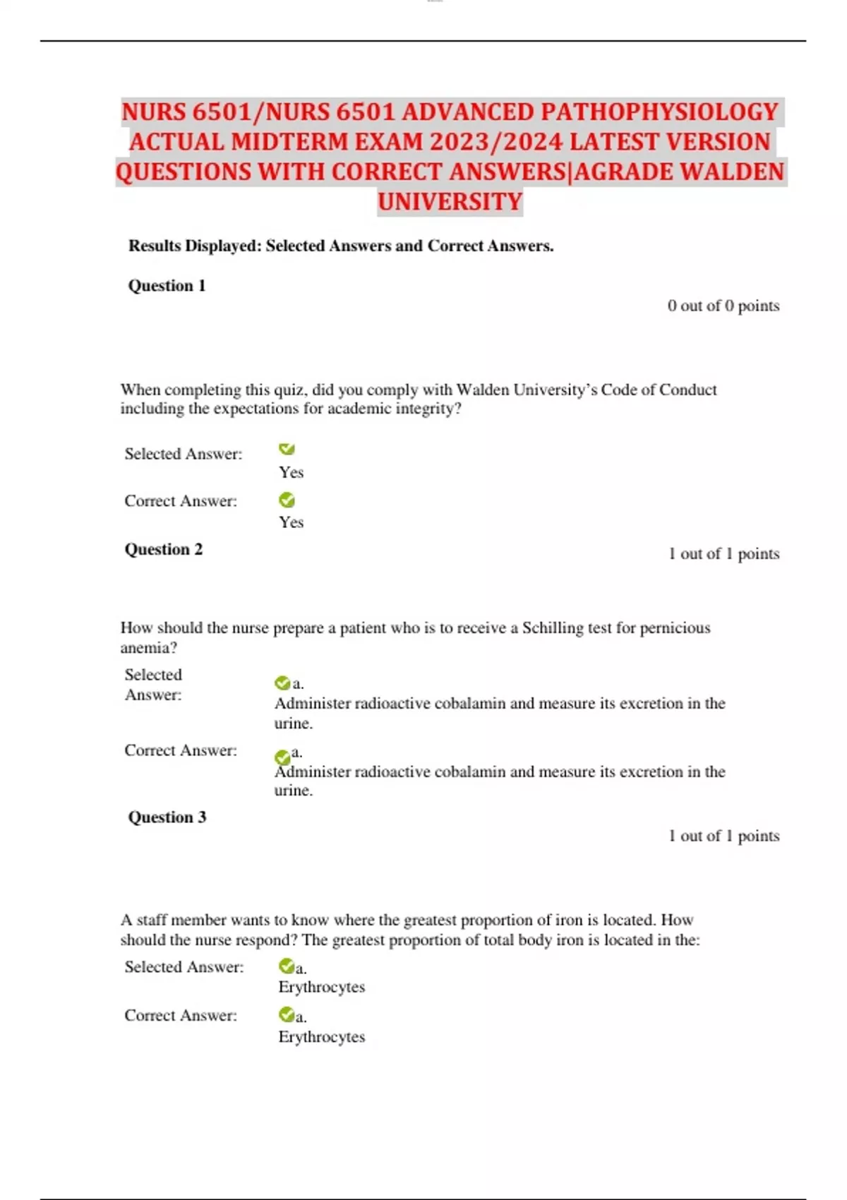 NURS 6501/NURS 6501 ADVANCED PATHOPHYSIOLOGY ACTUAL MIDTERM EXAM 2023/ ...