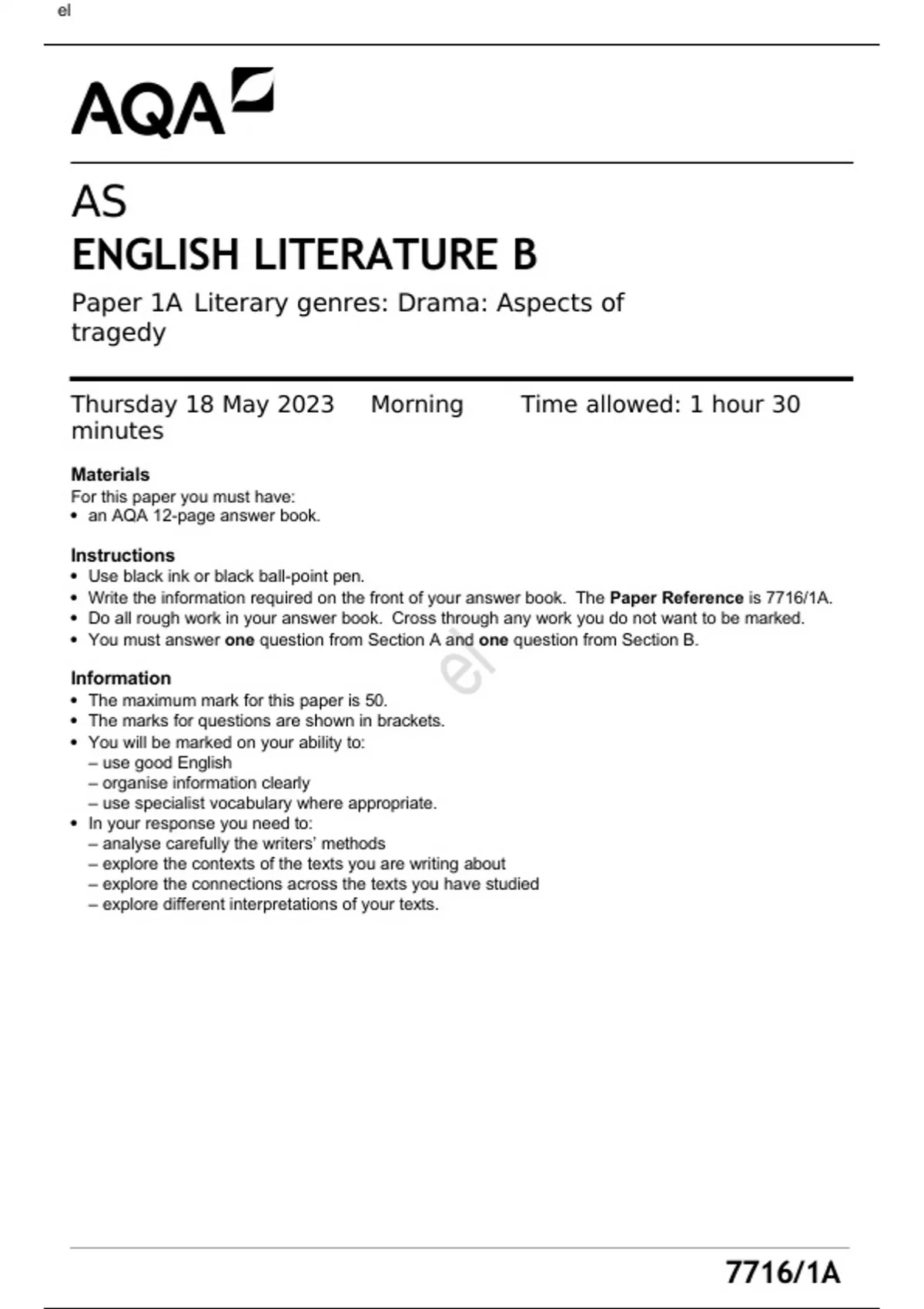 AQA AS ENGLISH LITERATURE B Paper 1A June 2023 Question Paper -Literary ...