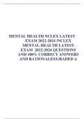 MENTAL HEALTH NCLEX LATEST EXAM 2022-2024 /NCLEX MENTAL HEALTH LATEST EXAM 2022-2024 QUESTIONS AND 100% CORRECT ANSWERS AND RATIONALES/GRADED A