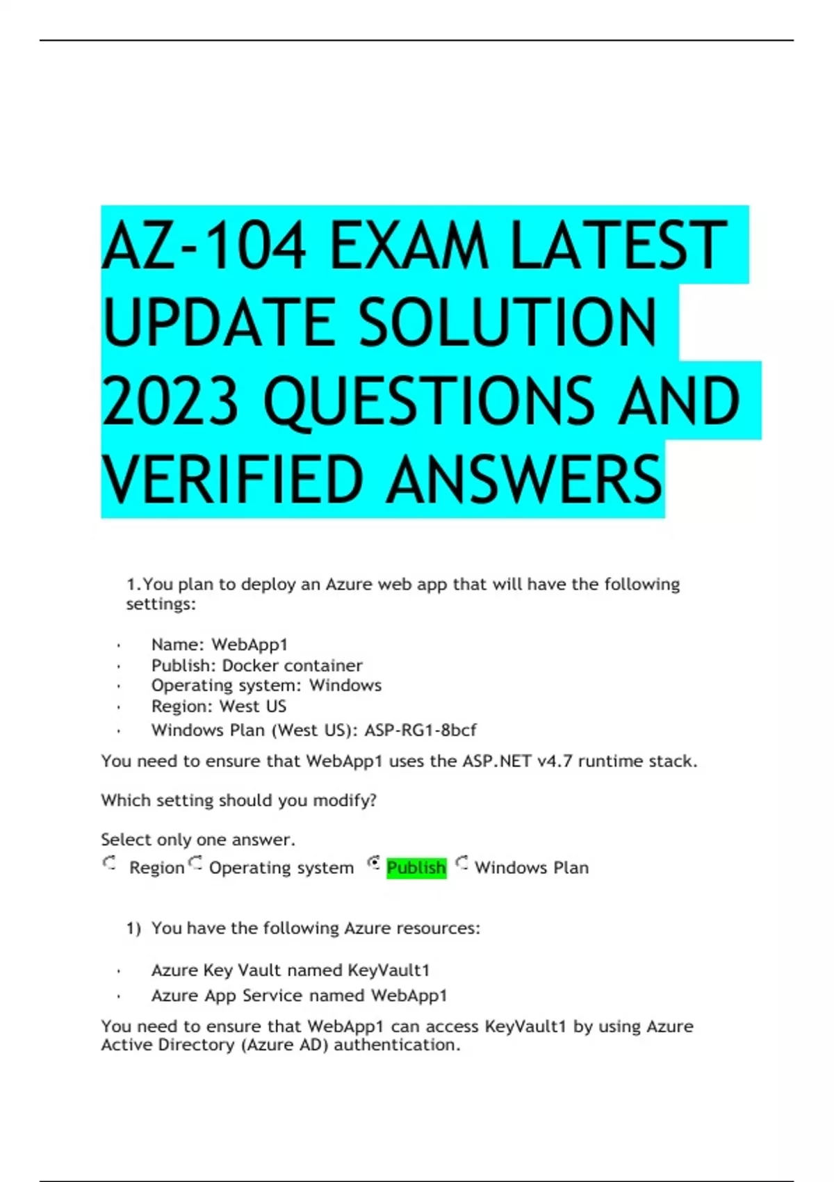 AZ104 RENEWAL EXAM LATEST UPDATE SOLUTION 2023 QUESTIONS AND VERIFIED