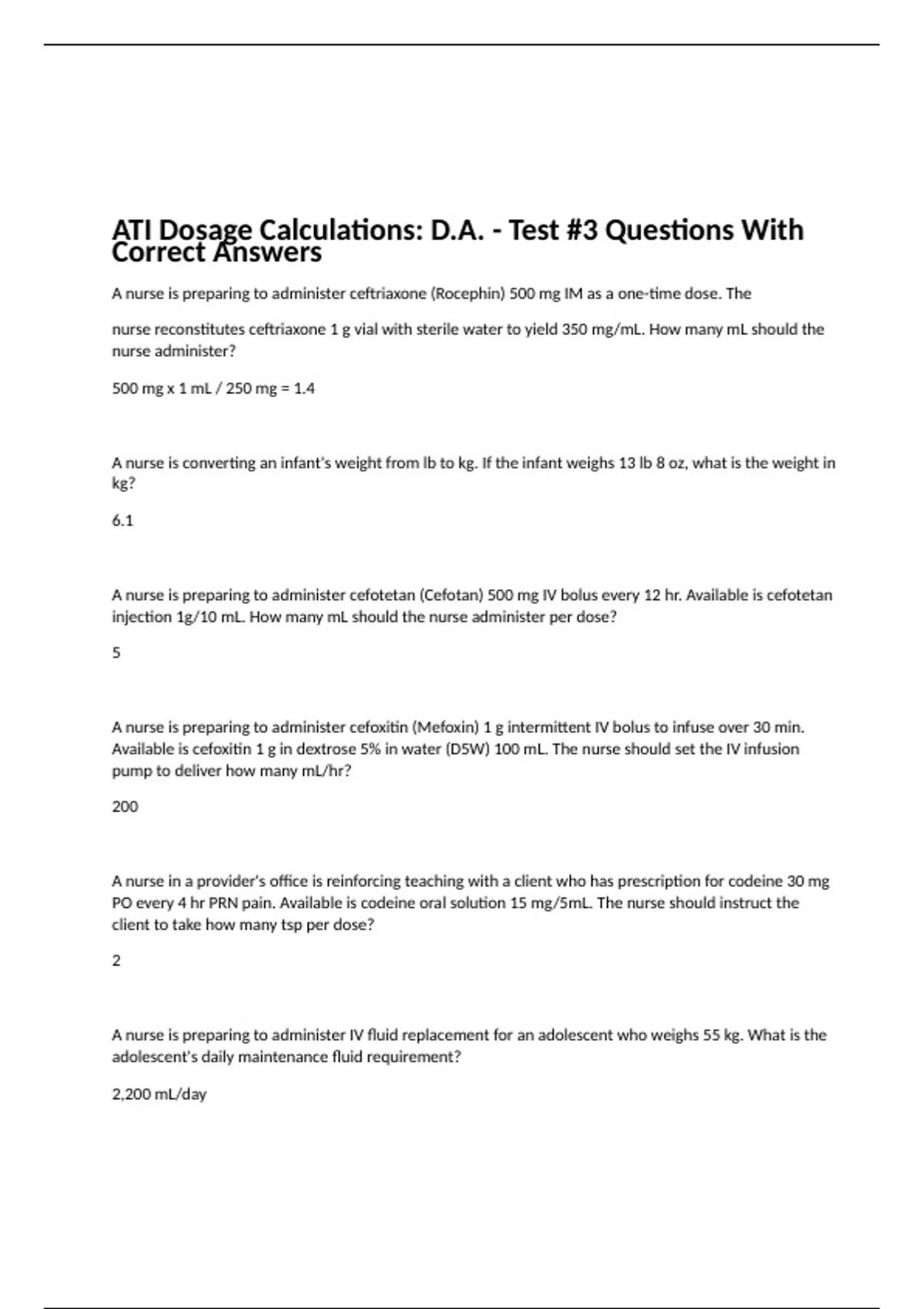 Ati Dosage Calculations Test With Correct Answers Ati Dosage Calculations Stuvia Us