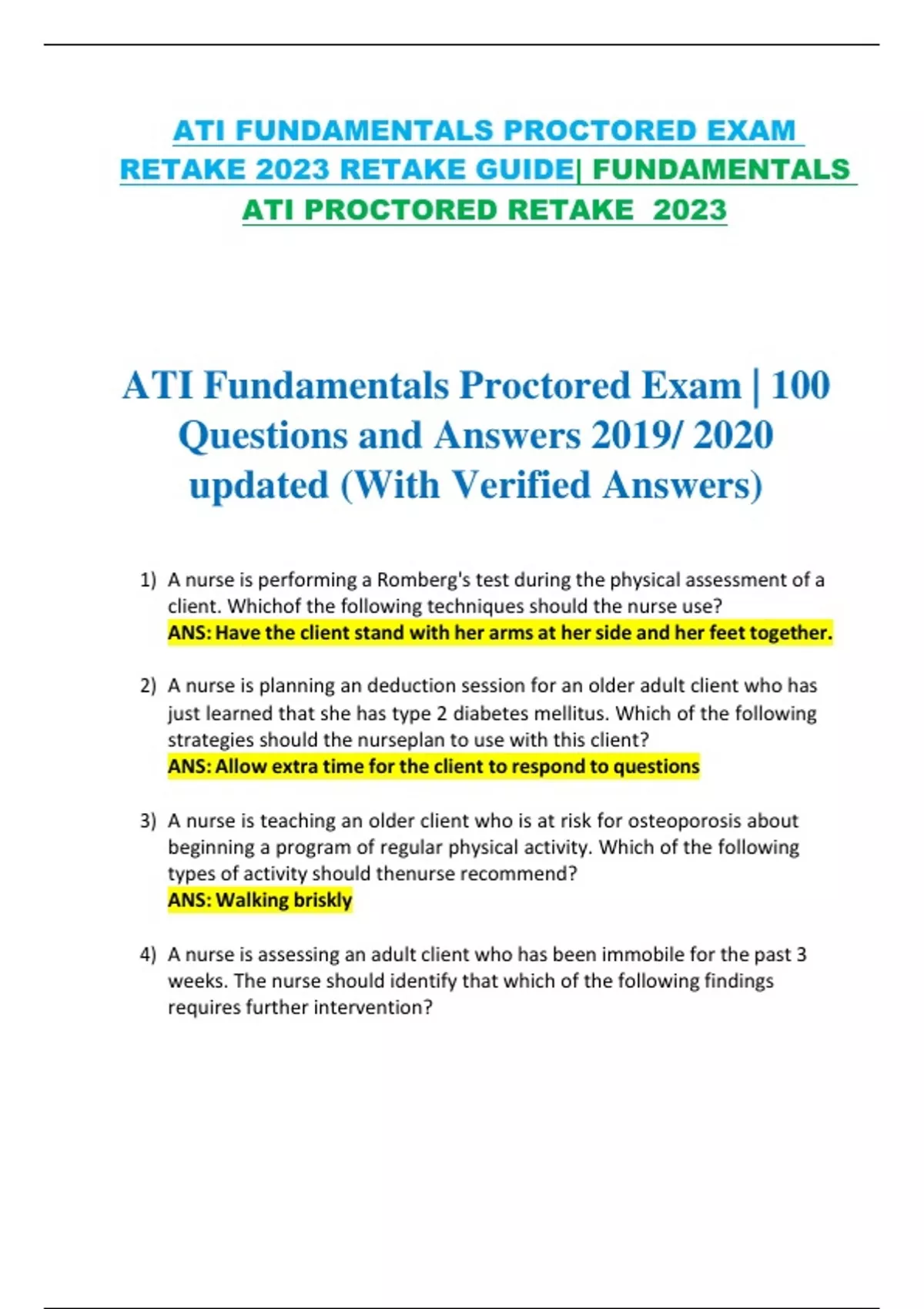 ATI FUNDAMENTALS PROCTORED EXAM RETAKE 2023 RETAKE GUIDE| FUNDAMENTALS ...