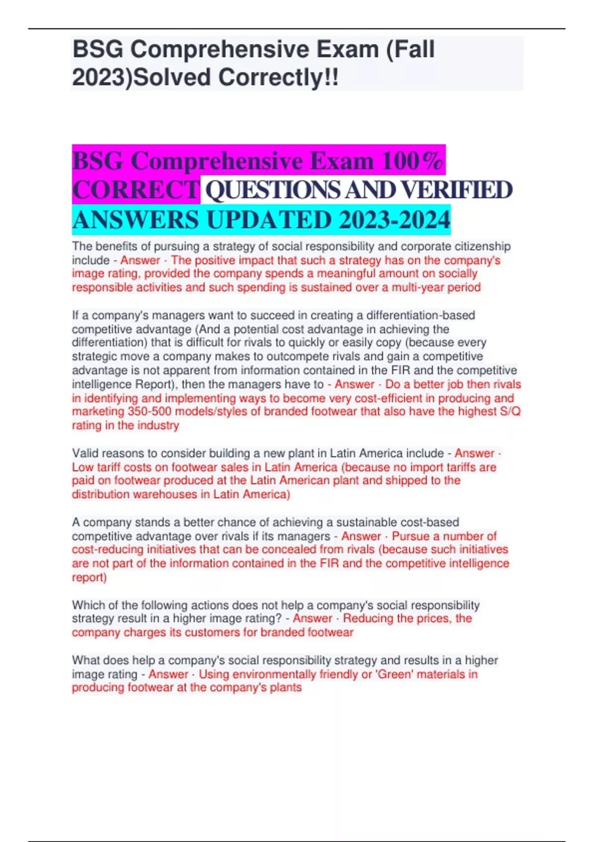 BSG Comprehensive Exam 100 CORRECT QUESTIONS AND VERIFIED ANSWERS