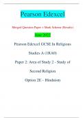 Pearson Edexcel Merged Question Paper + Mark Scheme (Results) June 2022 Pearson Edexcel GCSE In Religious  Studies A (1RA0) Paper 2: Area of Study 2 - Study of  Second Religion Option 2E – Hinduism Centre Number Candidate Number *P71241A0112* Turn over 