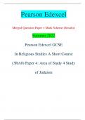 Pearson Edexcel Merged Question Paper + Mark Scheme (Results) Summer 2022 Pearson Edexcel GCSE In Religious Studies A Short Course  (3RA0) Paper 4: Area of Study 4 Study  of Judaism Centre Number Candidate Number *P71261A0112* Turn over  Total Marks