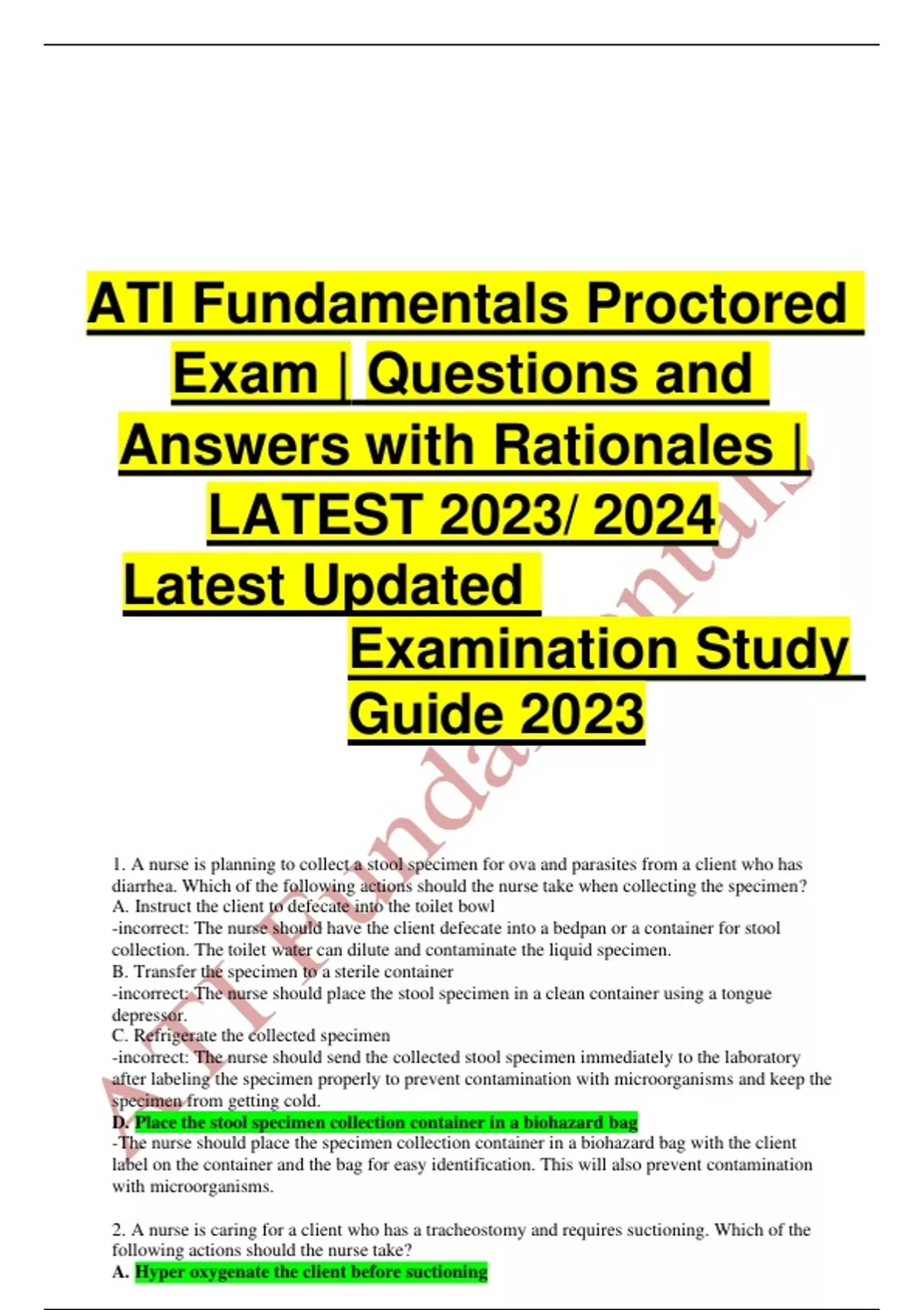 ATI Fundamentals Proctored Exam Questions and Answers with Rationales