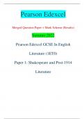 Pearson Edexcel Merged Question Paper + Mark Scheme (Results) Summer 2022 Pearson Edexcel GCSE In English  Literature (1ET0) Paper 1: Shakespeare and Post-1914  Literature Centre Number Candidate Number *P71587A0120* Turn over  Total Marks