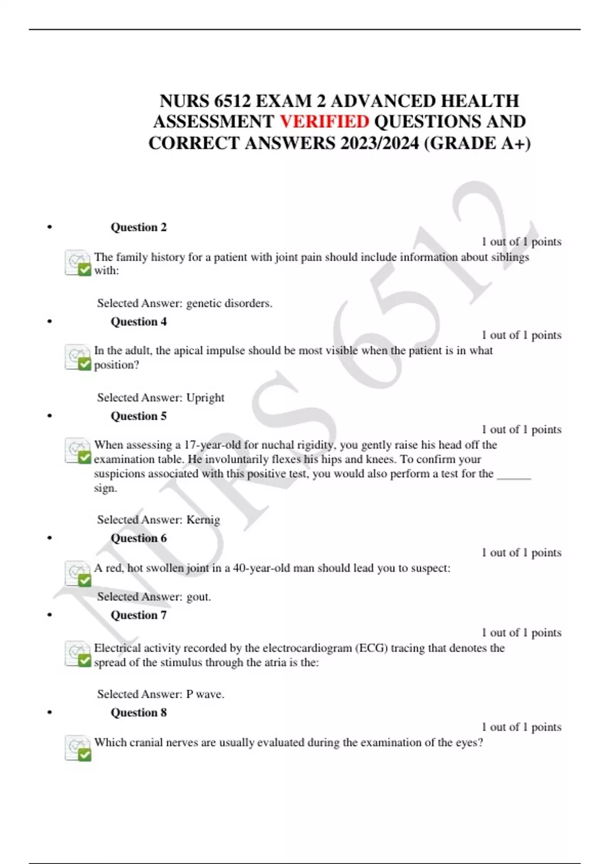 NURS 6512 EXAM 2 ADVANCED HEALTH ASSESSMENT VERIFIED QUESTIONS AND ...