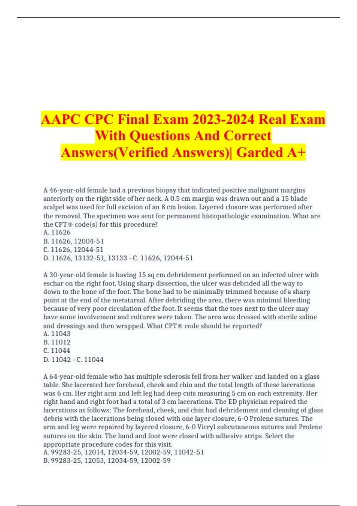 AAPC CPC Final Exam 20232024 Real Exam With Questions And Correct