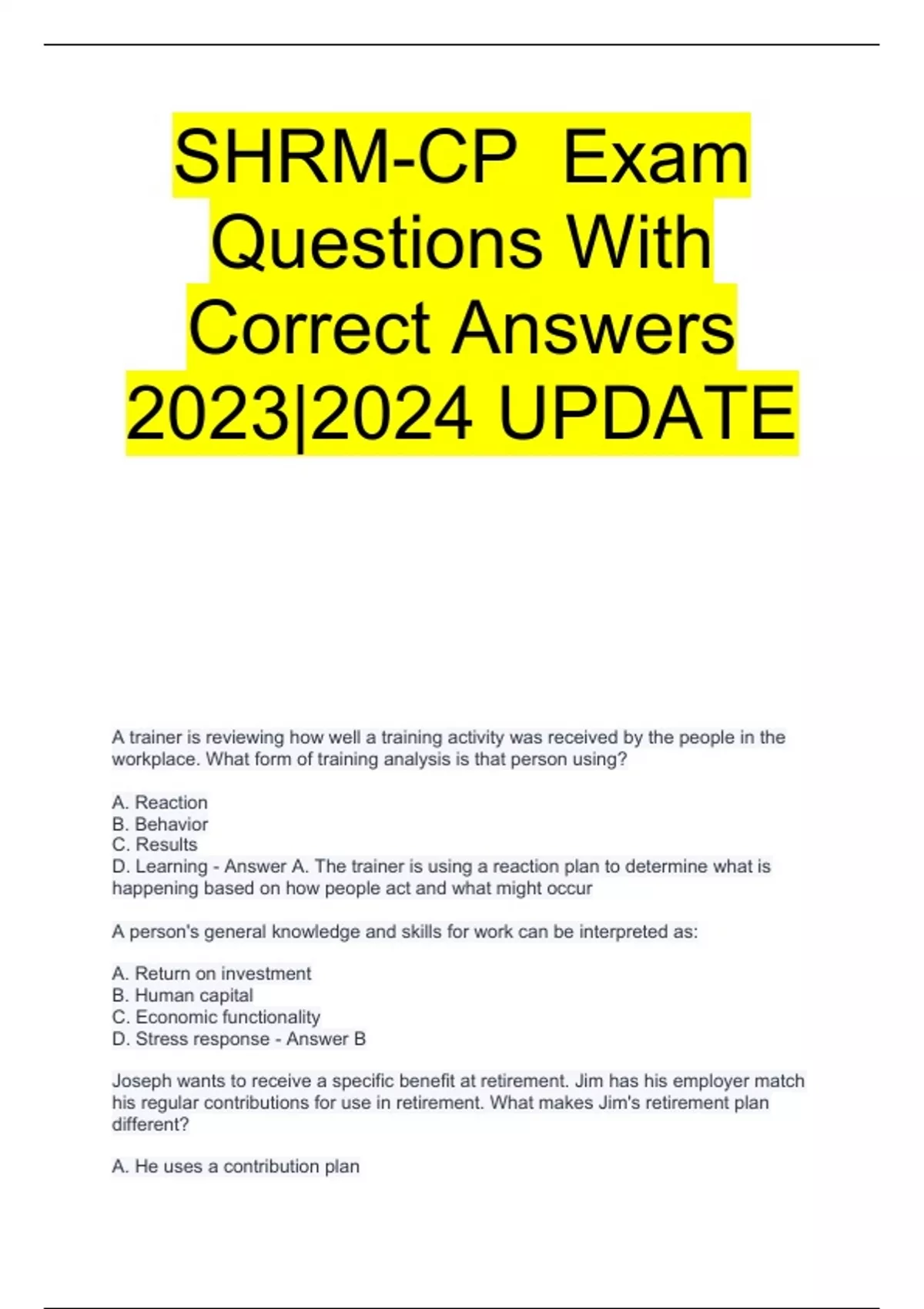 SHRMCP Exam Questions With Correct Answers 20232024 UPDATE SHRMCP