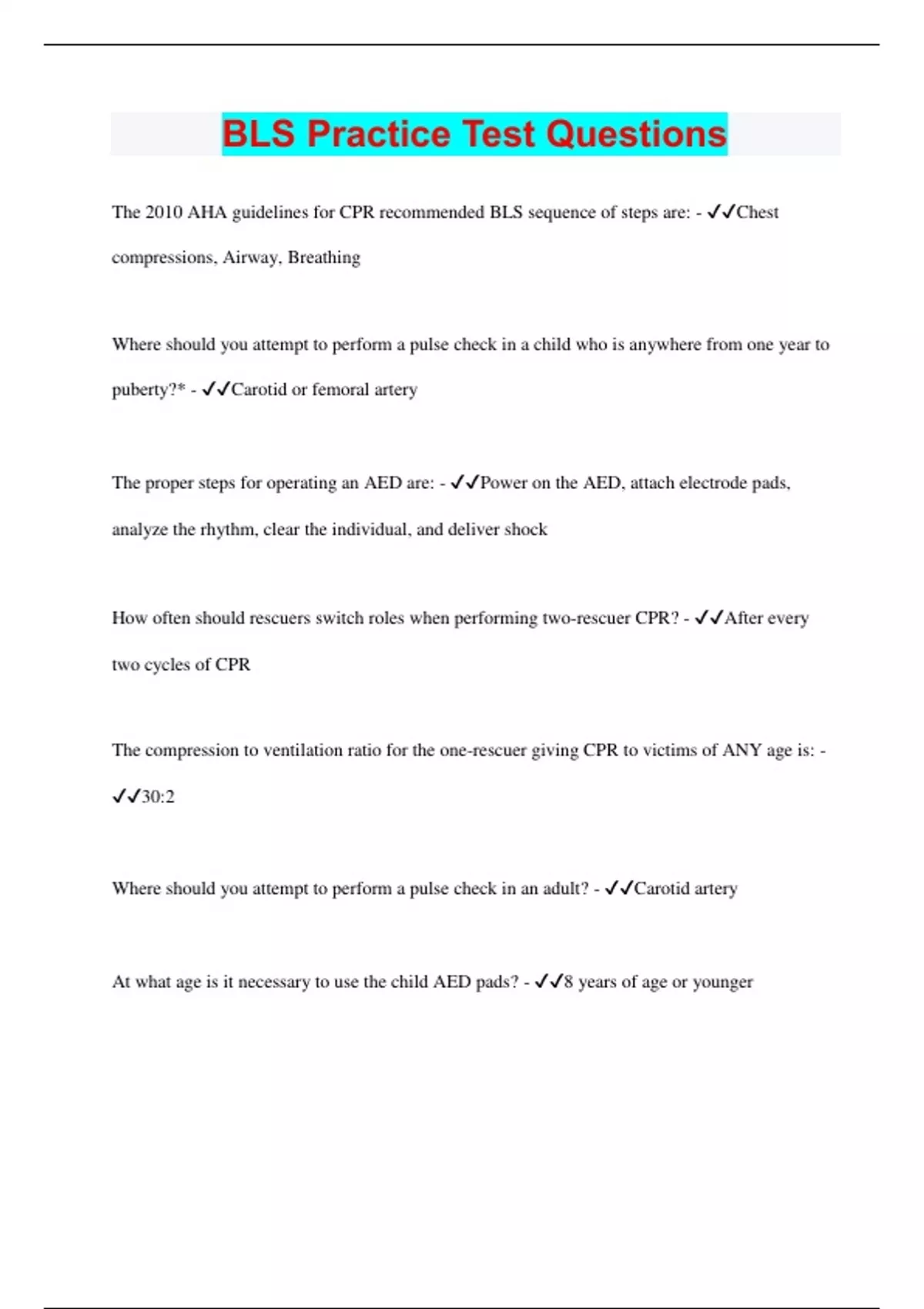 BLS Practice Test Questions 2023 Questions with 100 Correct