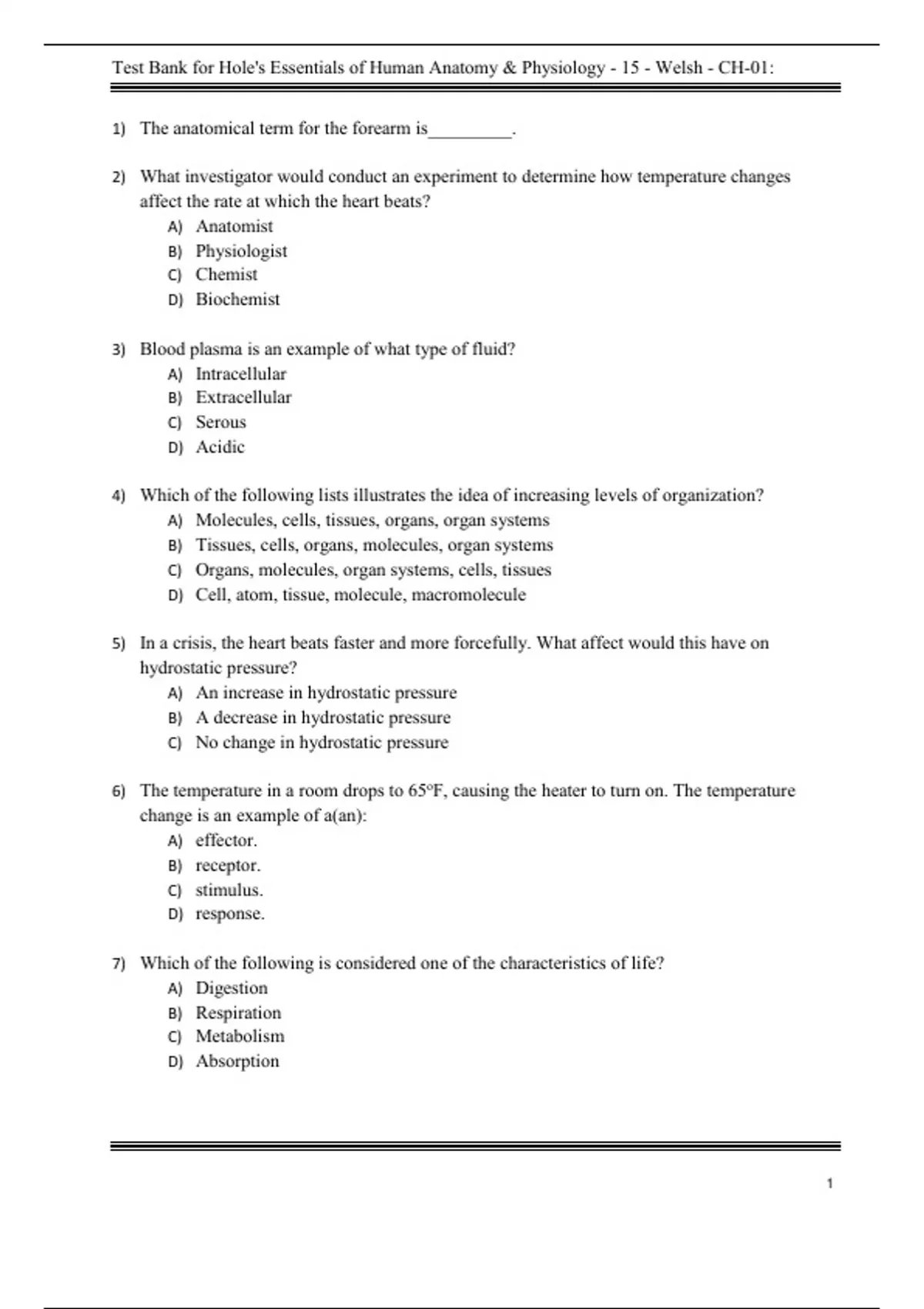 Test Bank For Hole's Essentials of Human Anatomy & Physiology, 15th ...