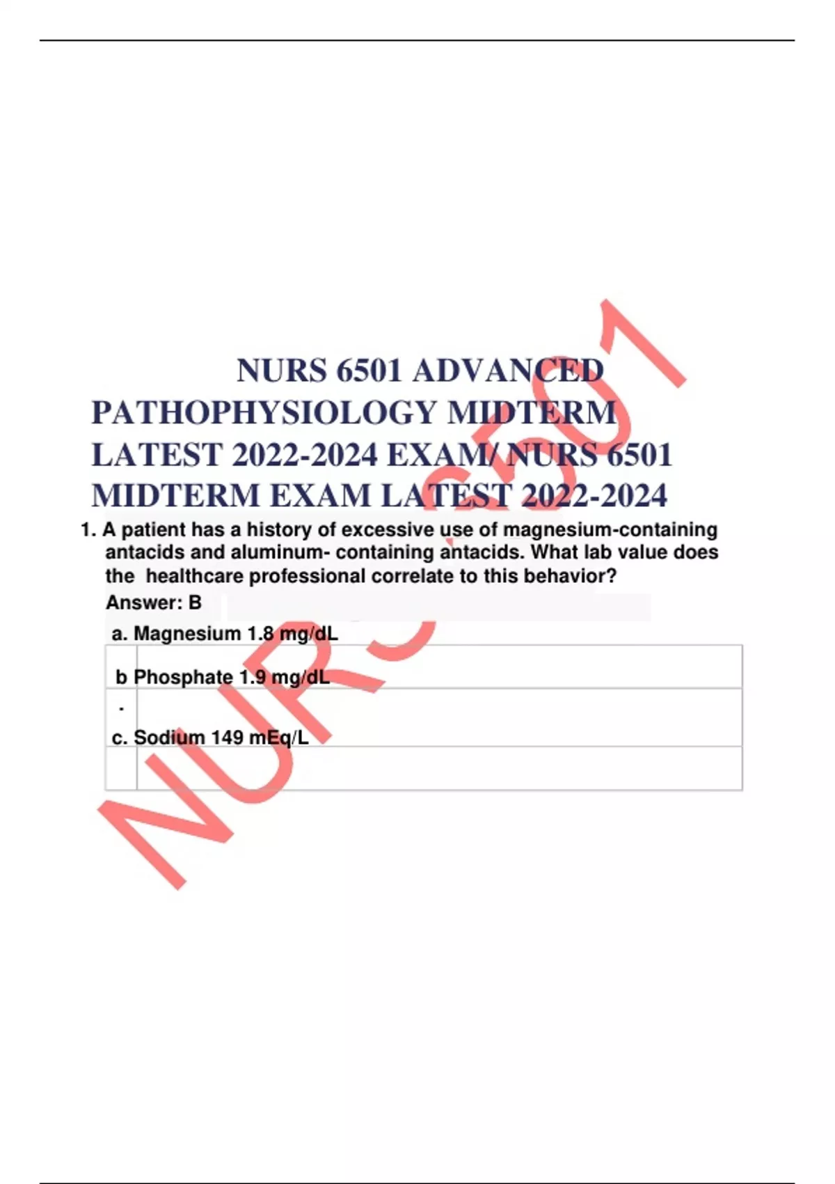 NURS 6501 ADVANCED PATHOPHYSIOLOGY MIDTERM LATEST 20222024 EXAM/ NURS