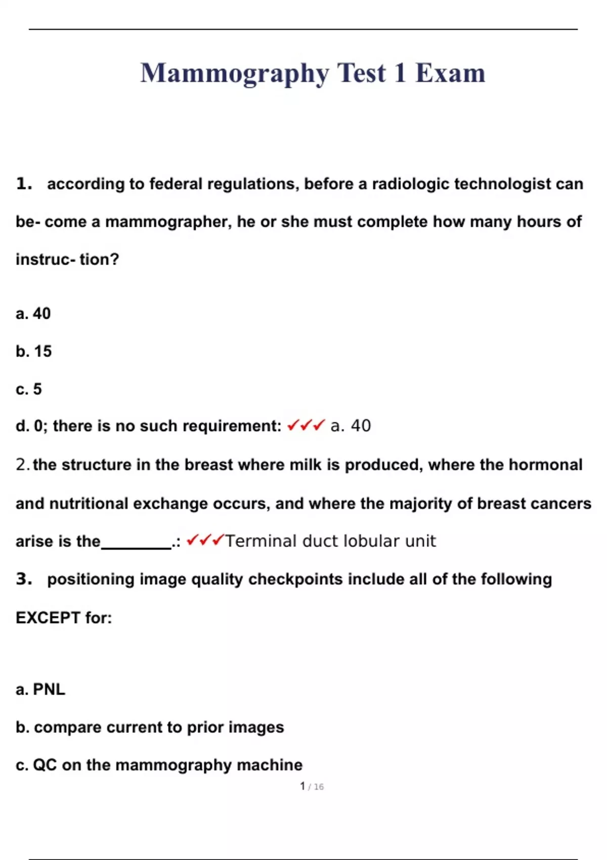 Mammography Test 1 Exam 2023 With Complete Solution Mammography Stuvia Us