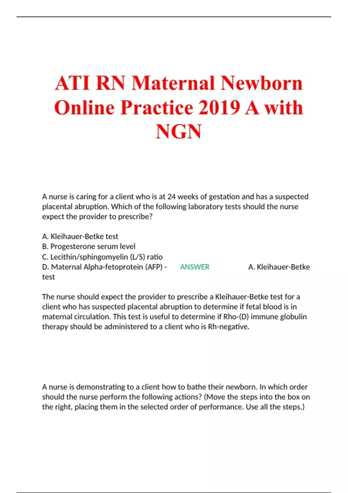 ATI RN Maternal Newborn Online Practice 2019 A with NGN ATI RN