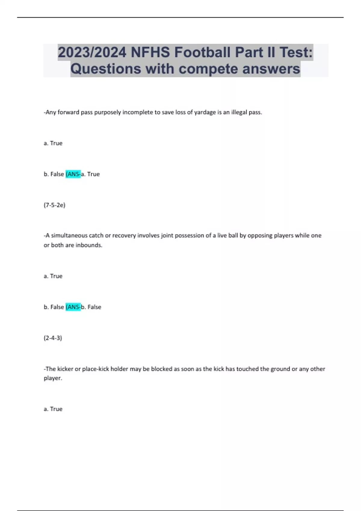 2023/2024 NFHS Football Part II Test Questions with compete answers