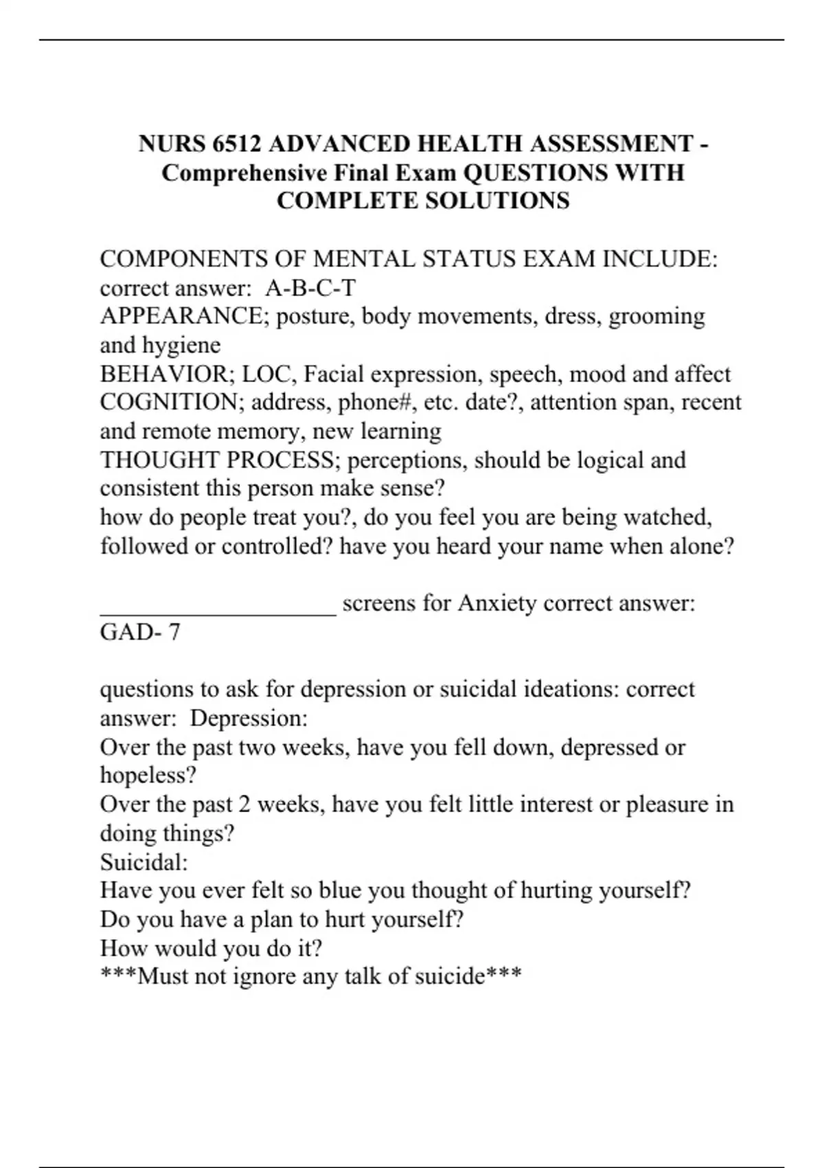 Nurs 6512 Advanced Health Assessment Comprehensive Final Exam Questions With Complete 1938