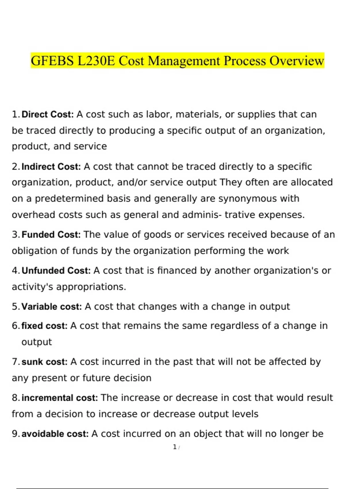 GFEBS L230E Cost Management Process Overview Questions and Answers ...