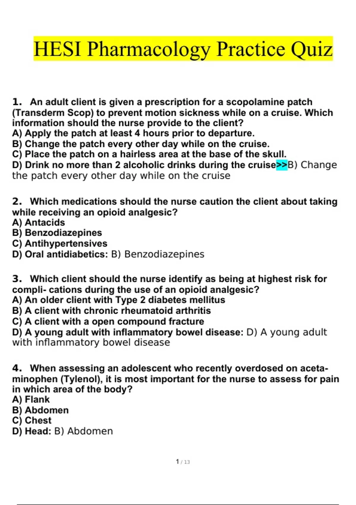 HESI Pharmacology Practice Quiz Questions and Answers Latest [100