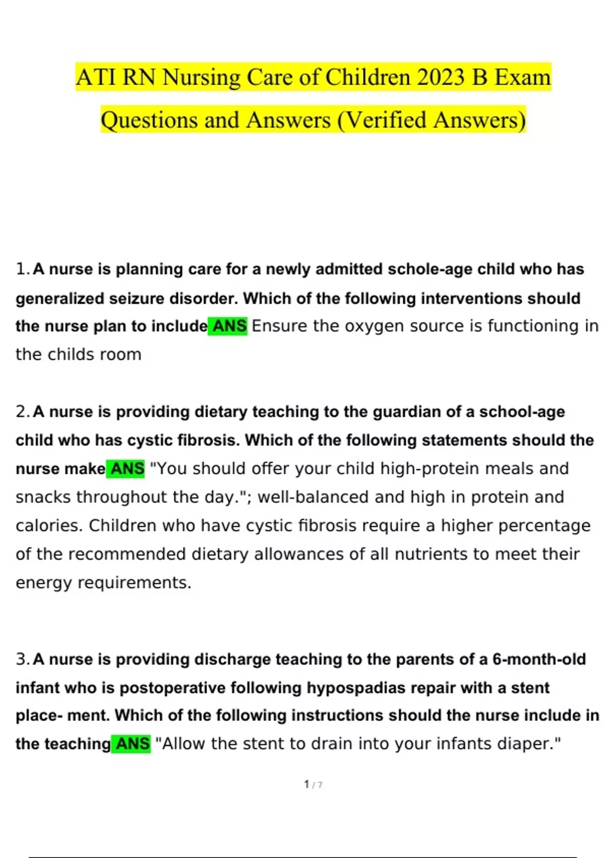 ATI RN Nursing Care Of Children B Exam Questions And Answers - ATI RN ...