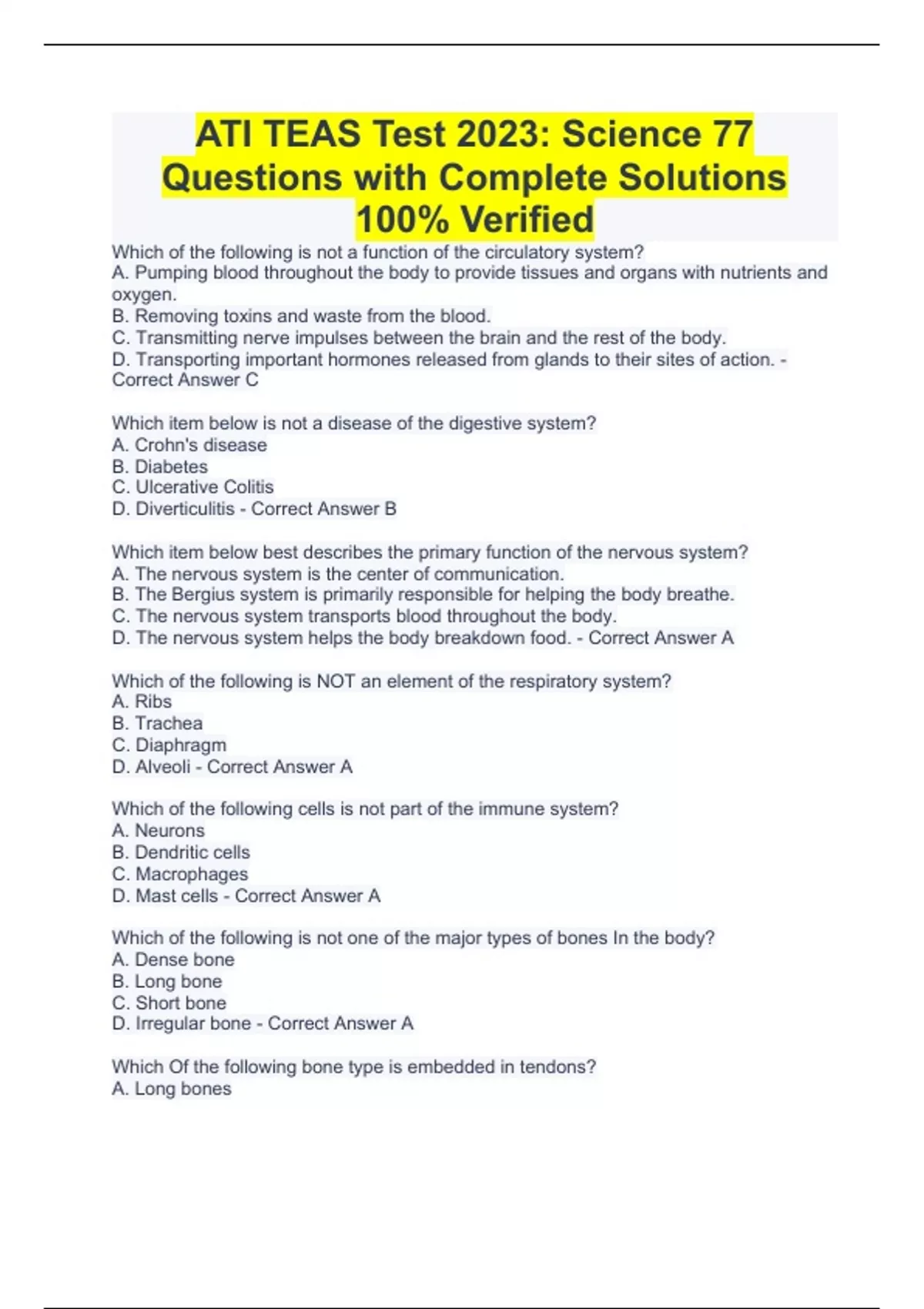 ATI TEAS Test 2023 Science 77 Questions with Complete Solutions 100