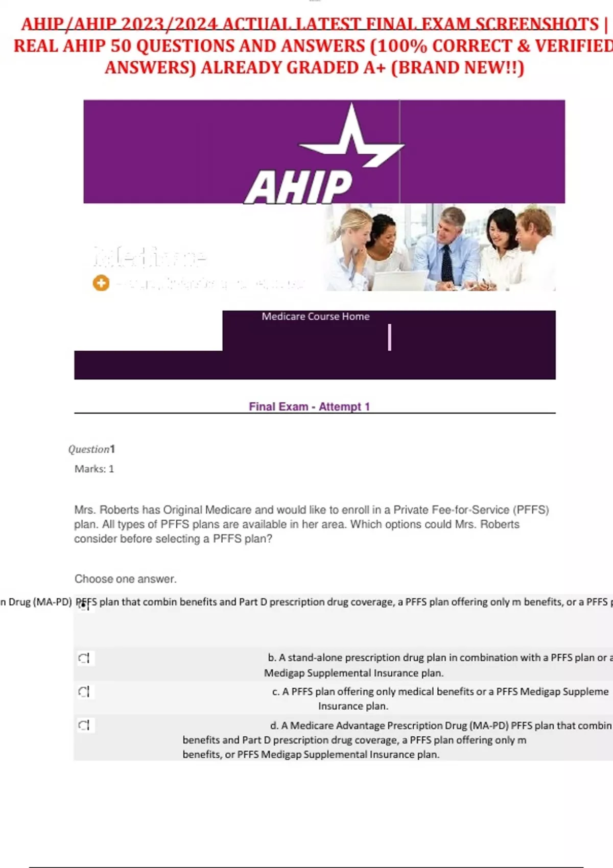 AHIP/AHIP 2023/2024 ACTUAL LATEST FINAL EXAM SCREENSHOTS REAL AHIP 50