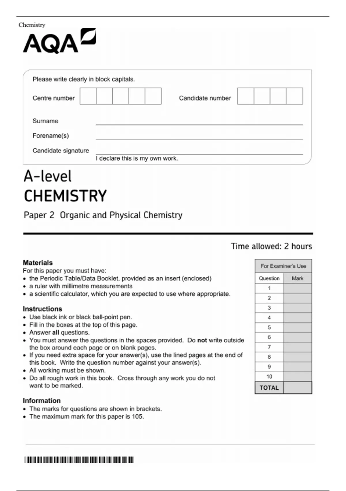 AQA A Level CHEMISTRY PAPER 2 JUNE 2023 MARK SCHEME: Organic And