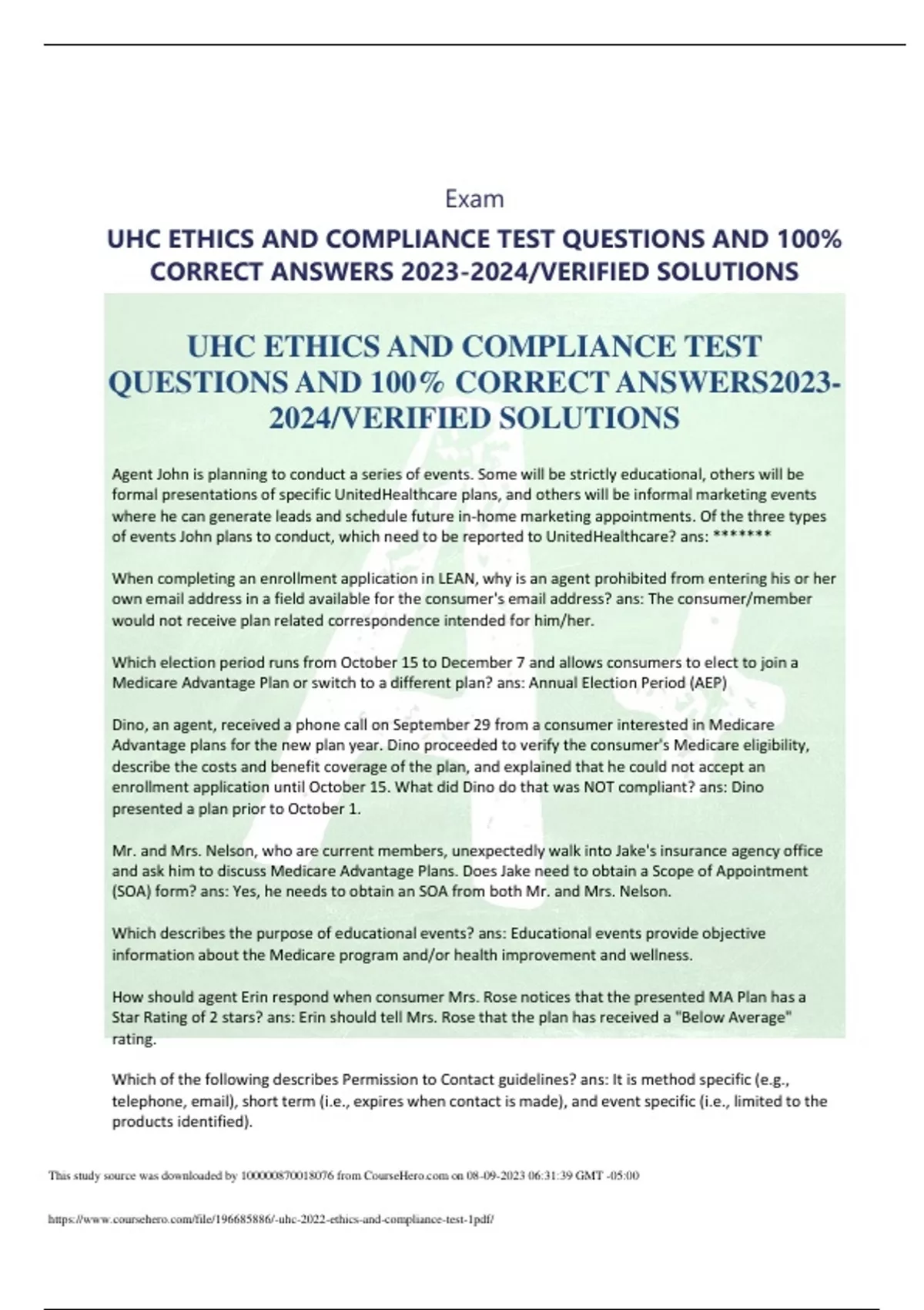 UHC ETHICS AND COMPLIANCE TEST QUESTIONS AND 100 CORRECT ANSWERS