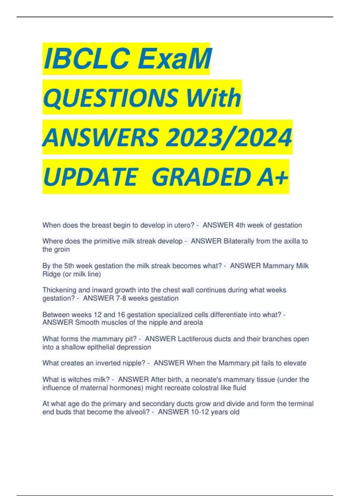IBCLC ExaM QUESTIONS With ANSWERS 2023/2024 UPDATE GRADED A+ IBCLC