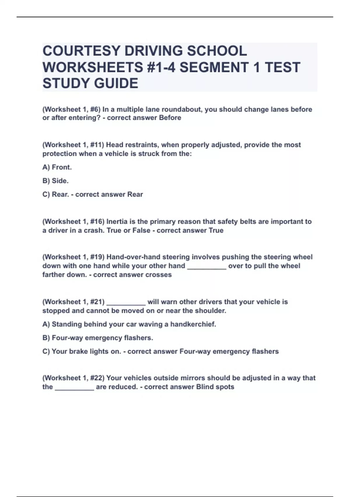 COURTESY DRIVING SCHOOL WORKSHEETS #1-4 SEGMENT 1 TEST STUDY GUIDE ...