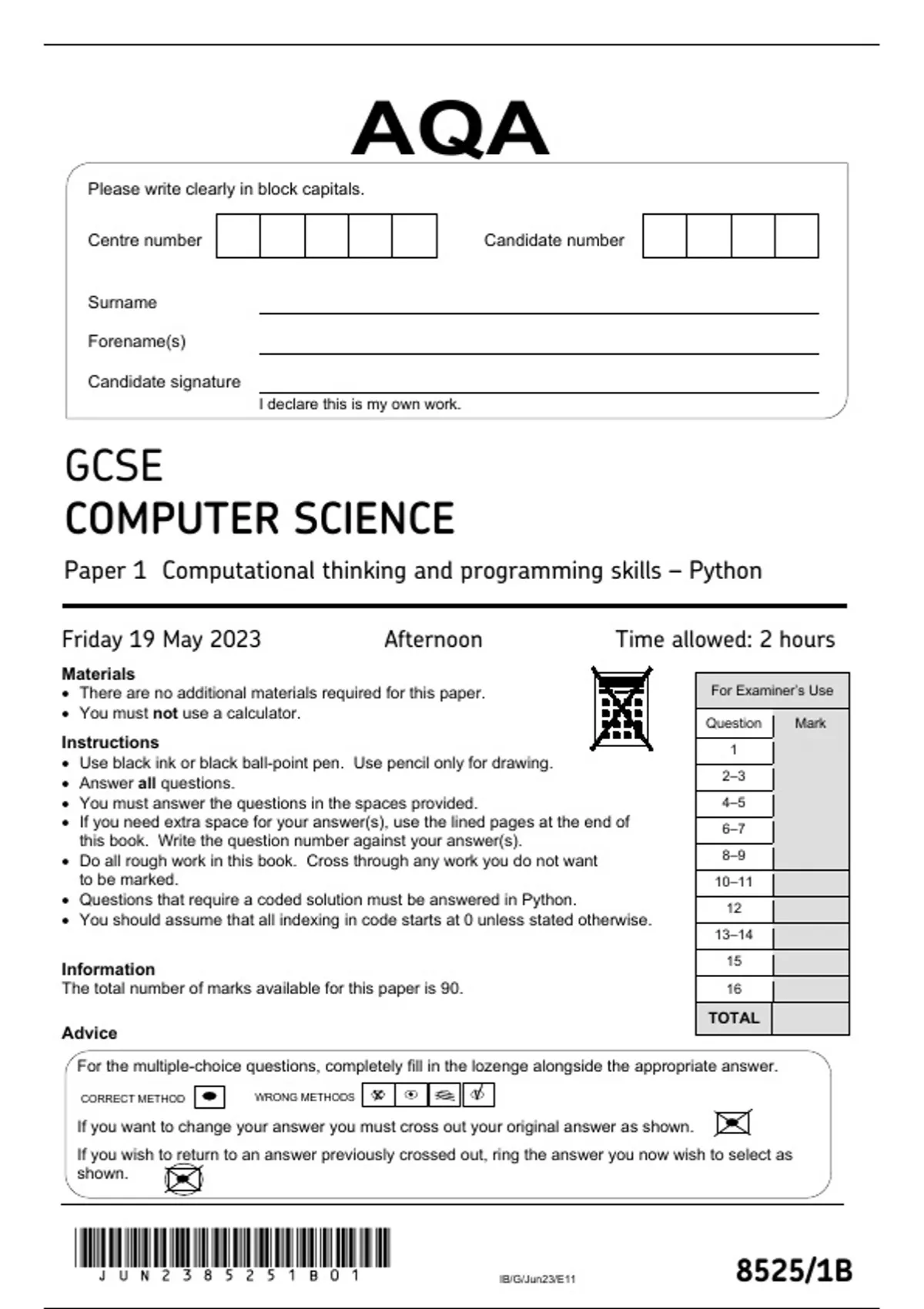 AQA GCSE COMPUTER SCIENCE-G-8525-1B-QUESTION PAPER 1 MAY 2023-Paper 1 ...