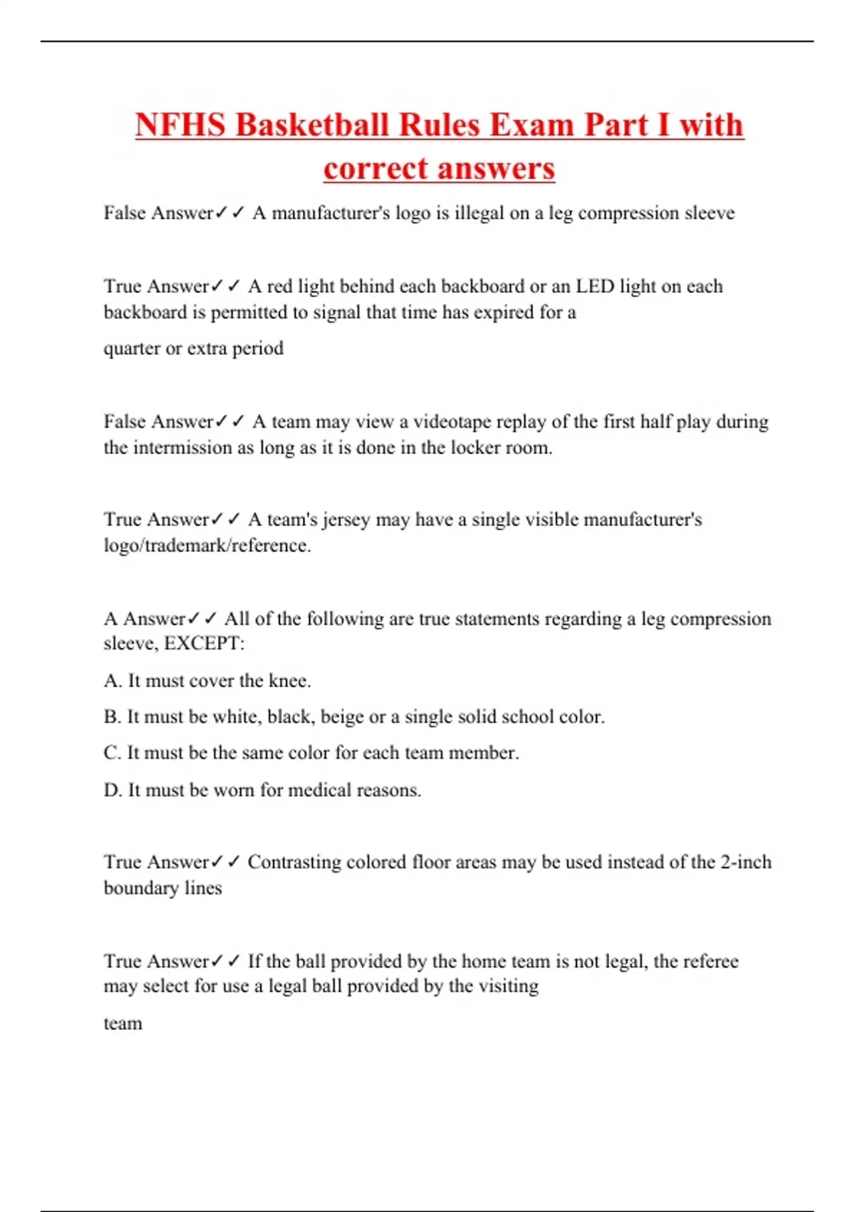 NFHS Basketball Rules Exam Part I with correct answers Nfhs Stuvia US