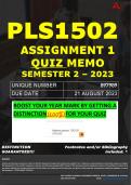 PLS1502 ASSIGNMENT 1 QUIZ MEMO - SEMESTER 2 - 2023 - UNISA - DUE DATE: - 21 AUGUST 2023 (100% PASS - GUARANTEED) 