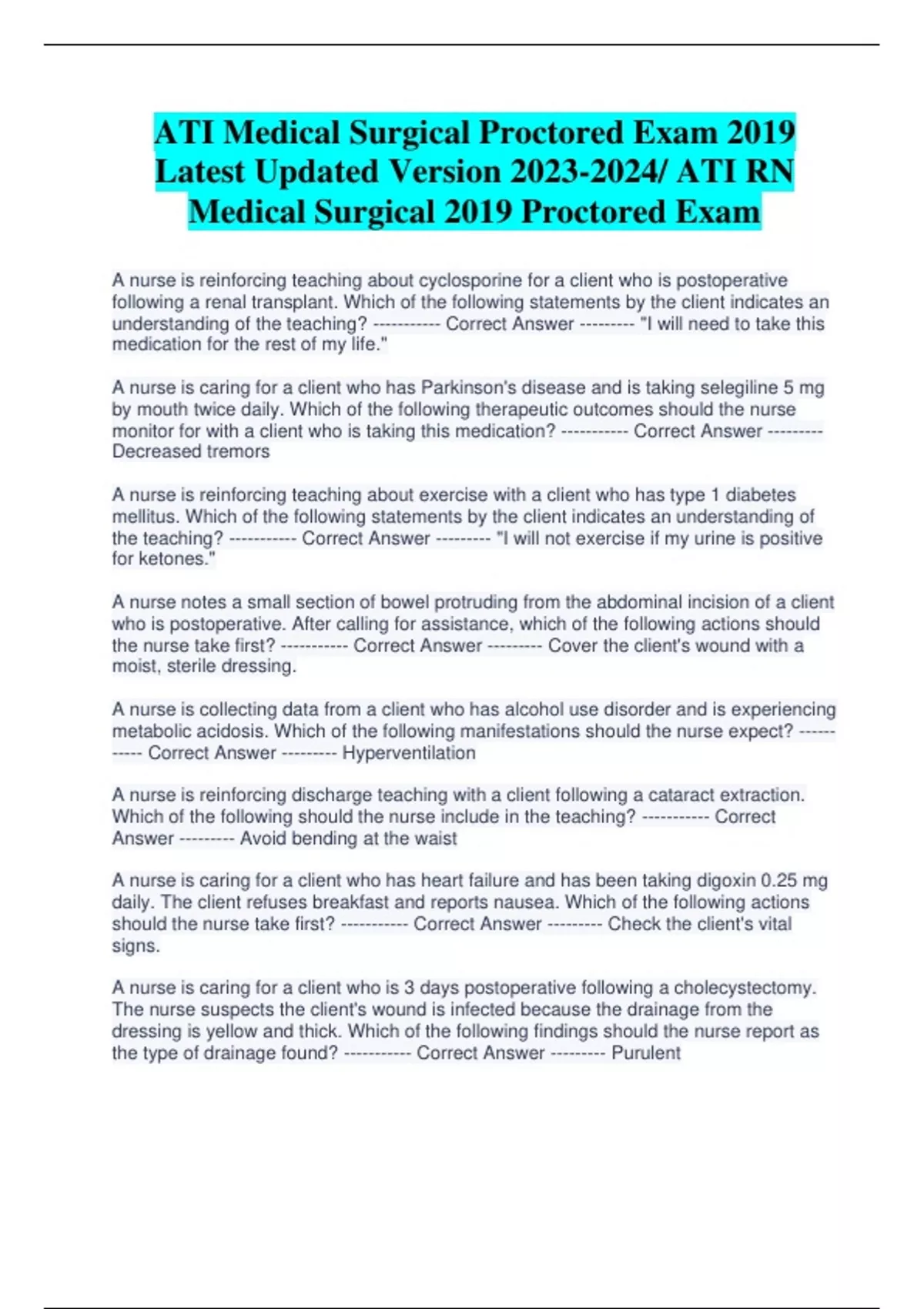 ATI Medical Surgical Proctored Exam 2019 Latest Updated Version / ATI ...