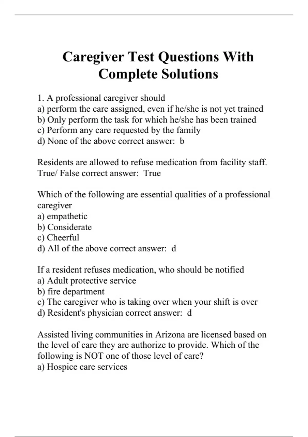 Caregiver Test Questions With Complete Solutions Caregiver