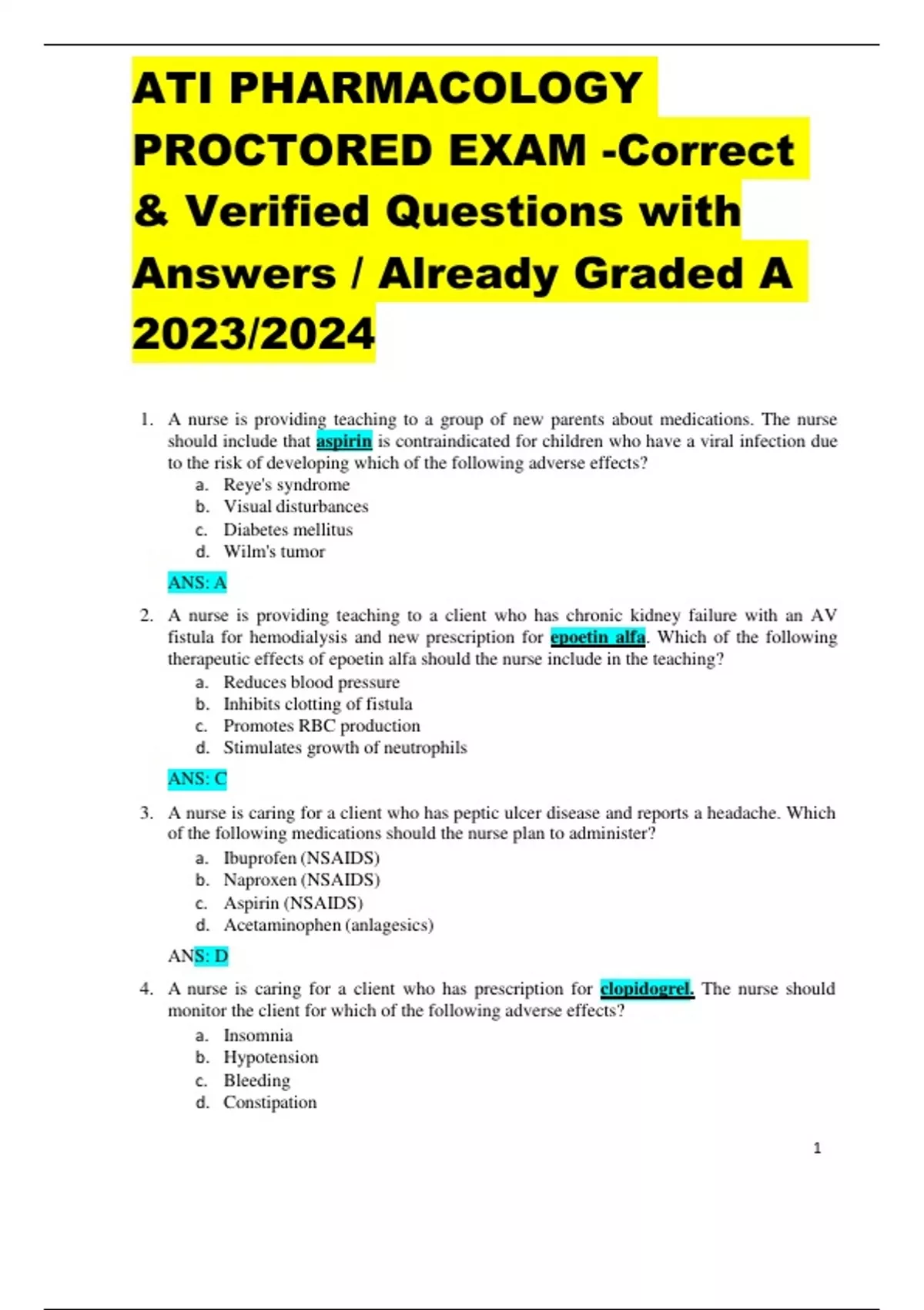 ATI PHARMACOLOGY PROCTORED EXAM Correct & Verified Questions with