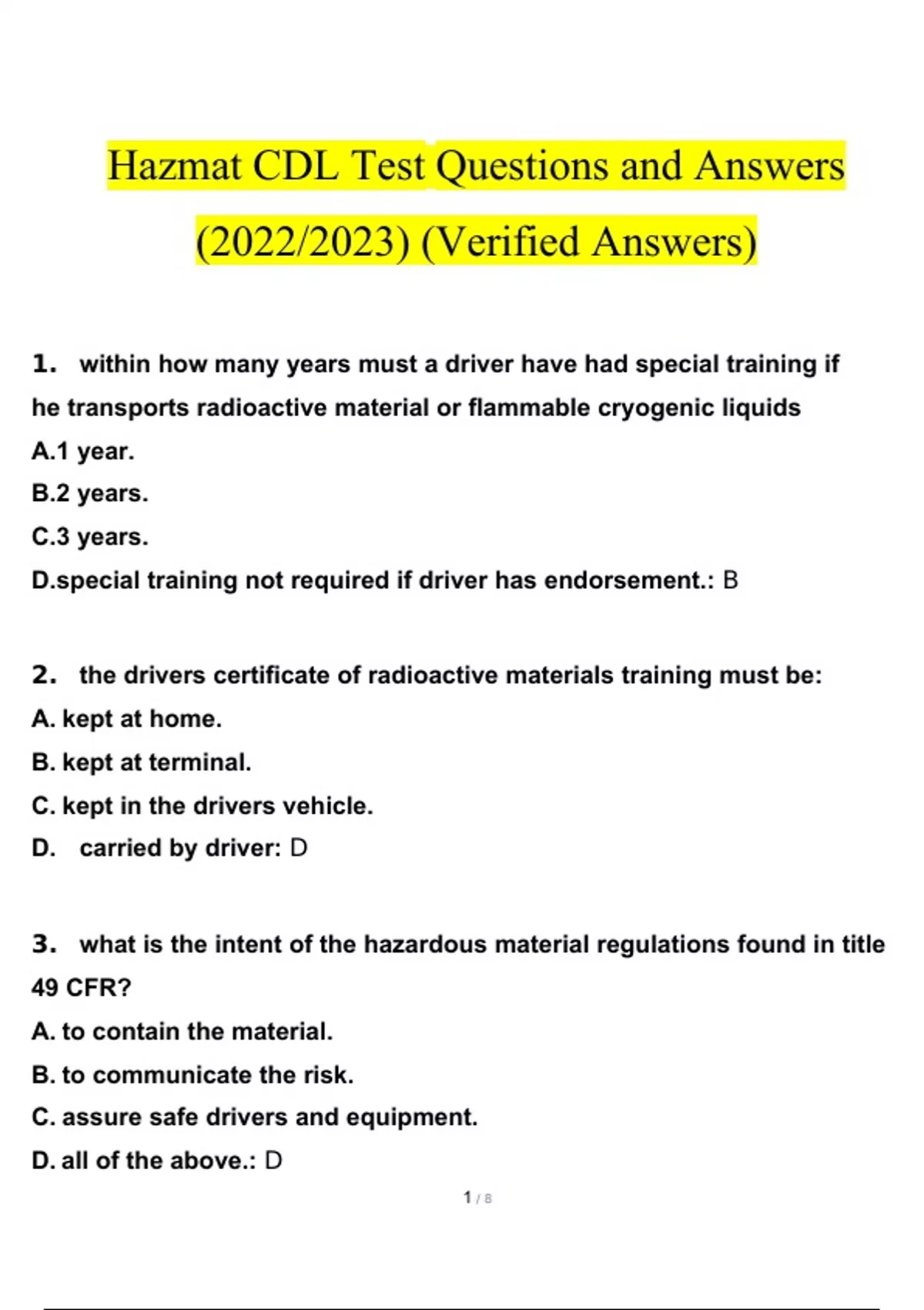 CDL Test Questions and Answers 2022 With Complete Solution Rated A#fli