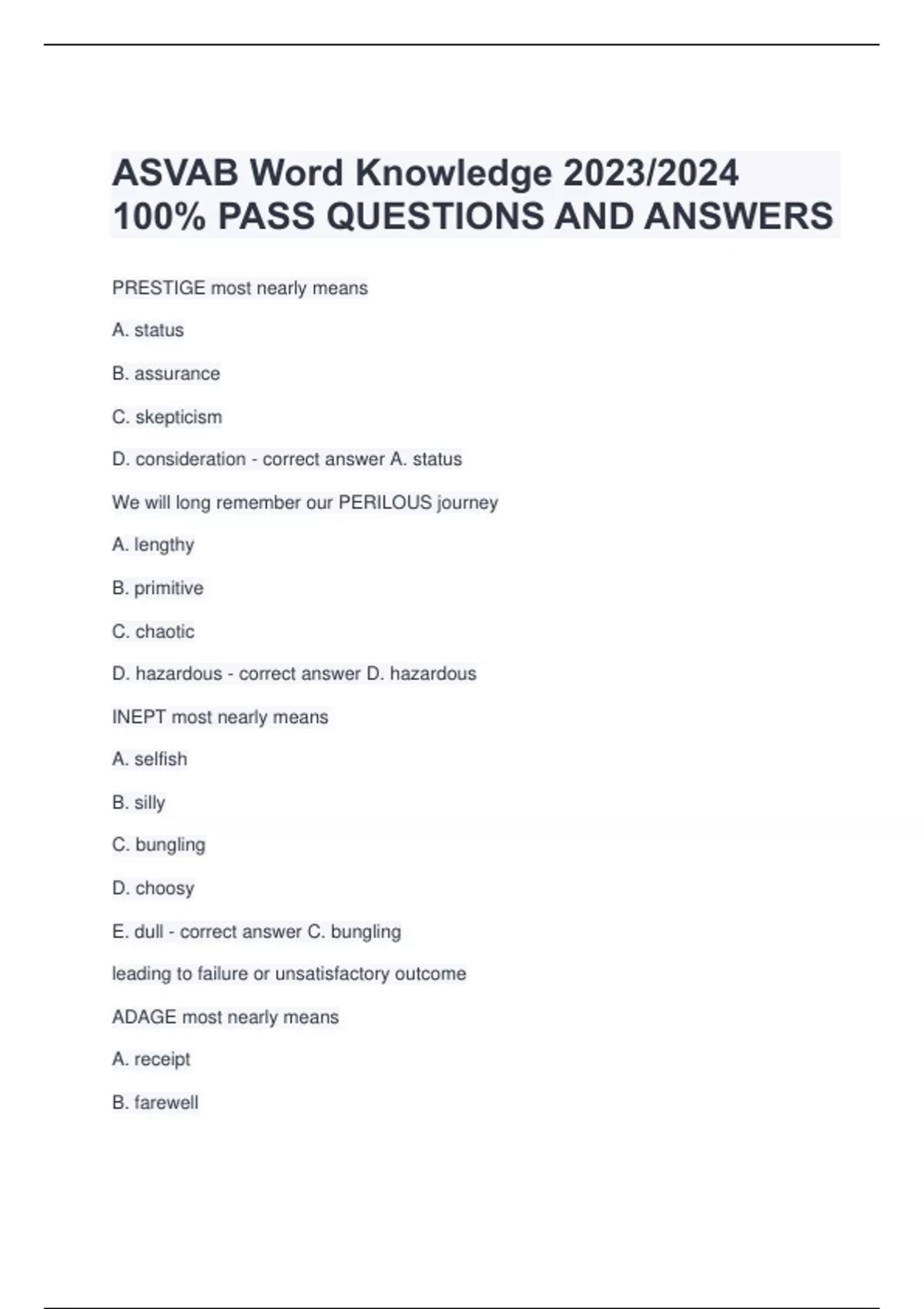 ASVAB Word Knowledge 2023/2024 100 PASS QUESTIONS AND ANSWERS ASVAB